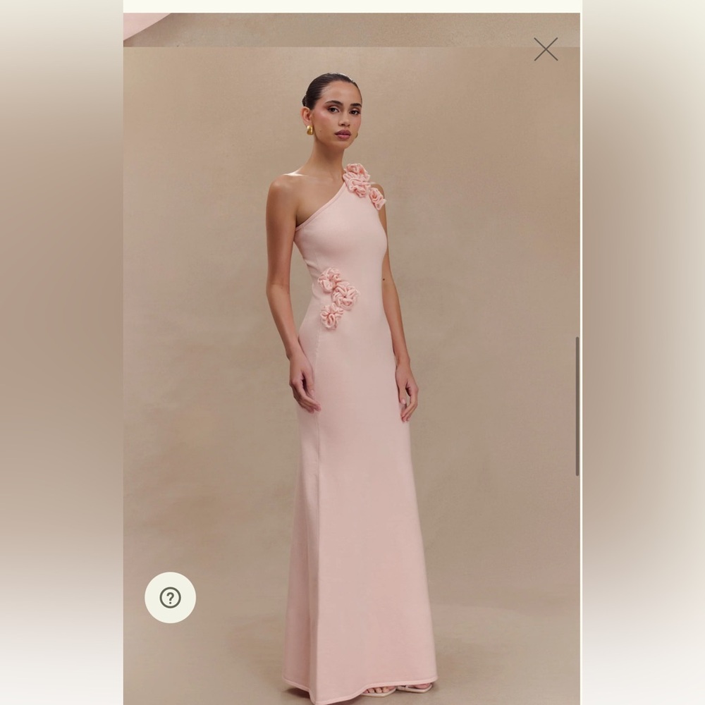 Meshki Paloma
One Shoulder Knit Maxi Dress With Flowers - Baby Pink